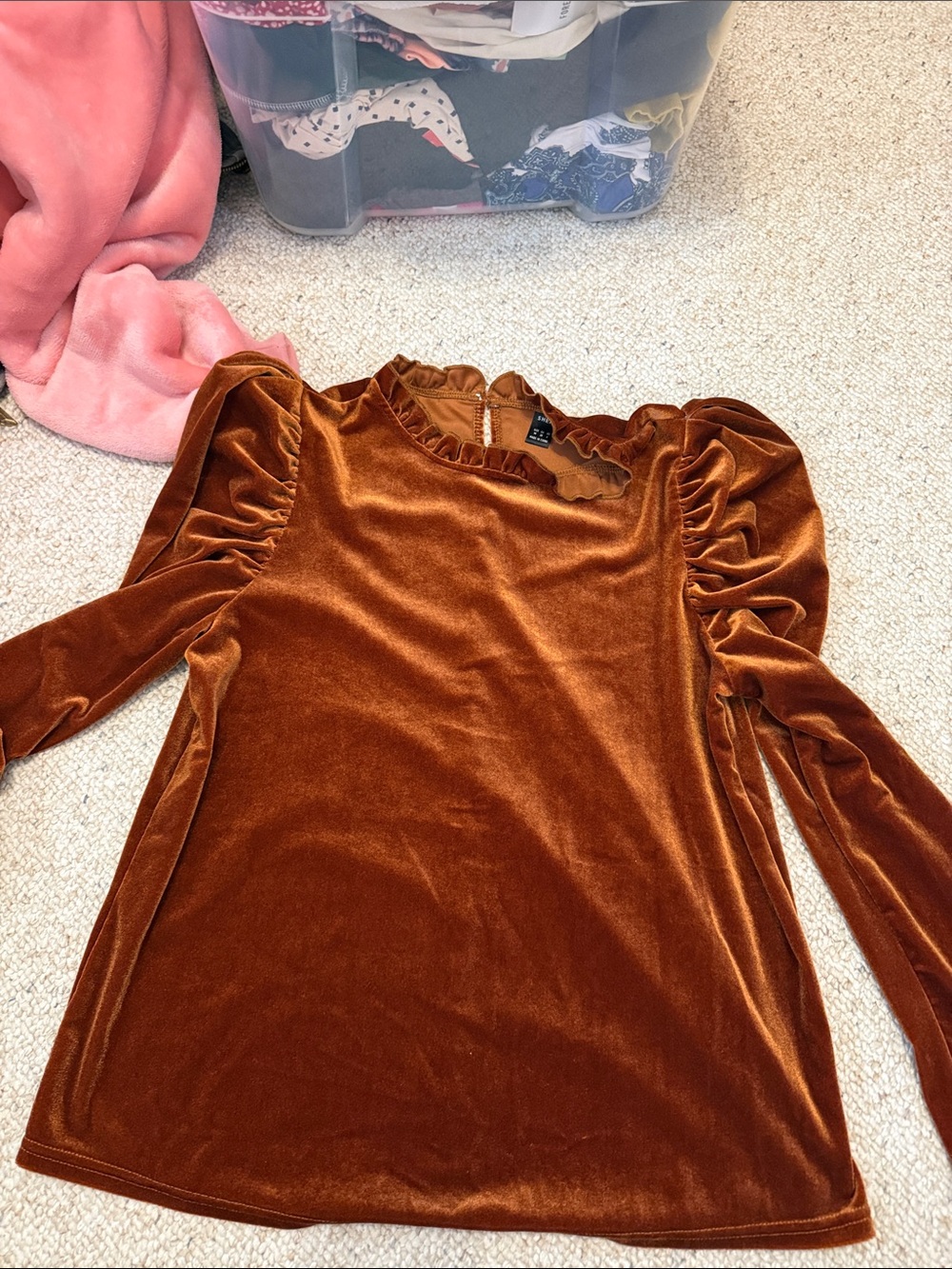 SHEIN Velvet Ruffle Puff-Sleeve Long Sleeve Top - Rust Brown